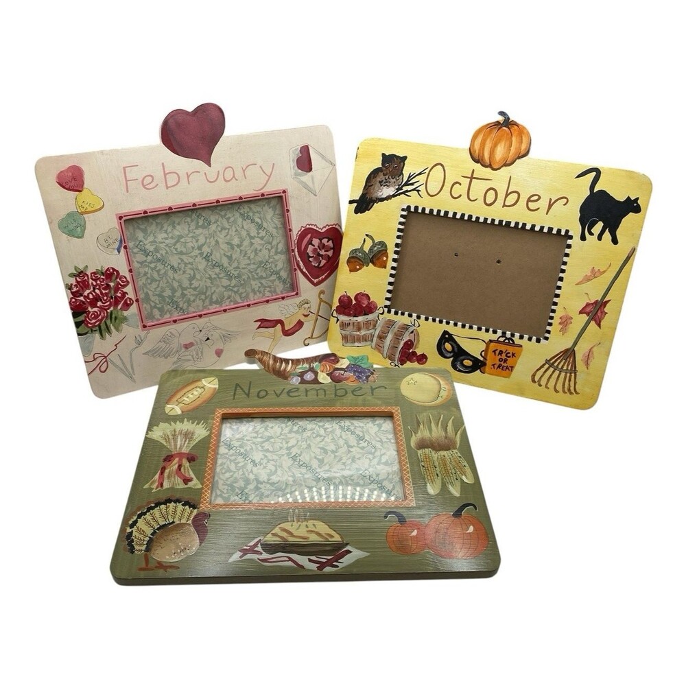 Lot of 3 Exposures Months of Year Hand Painted Folk Art Photo Frames Feb Oct Nov